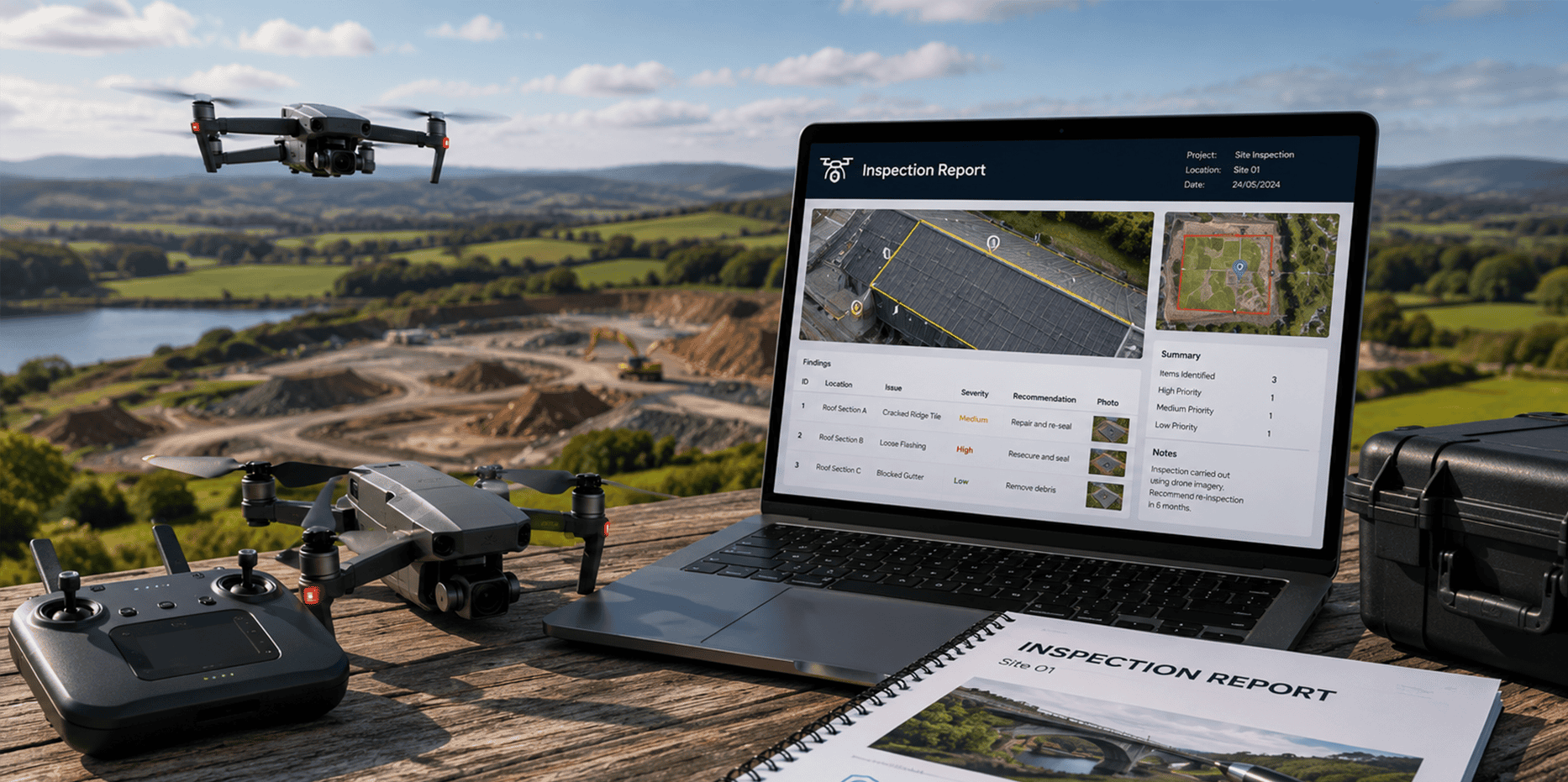 Inspection Reports — professional drone survey report displayed on a laptop